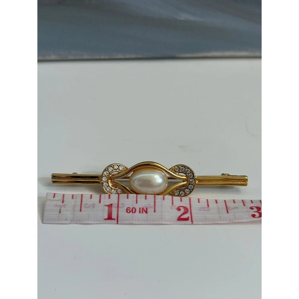 Monet Vintage Gold Tone Faux Pearl Rhinestone Bar Brooch Pin Scroll Design